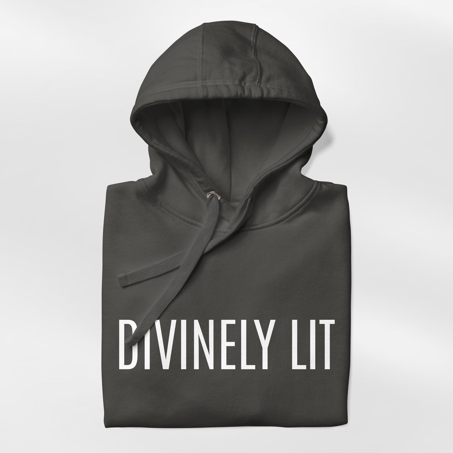 Vintage Black hoodie with 'DIVINELY LIT' text on a white background