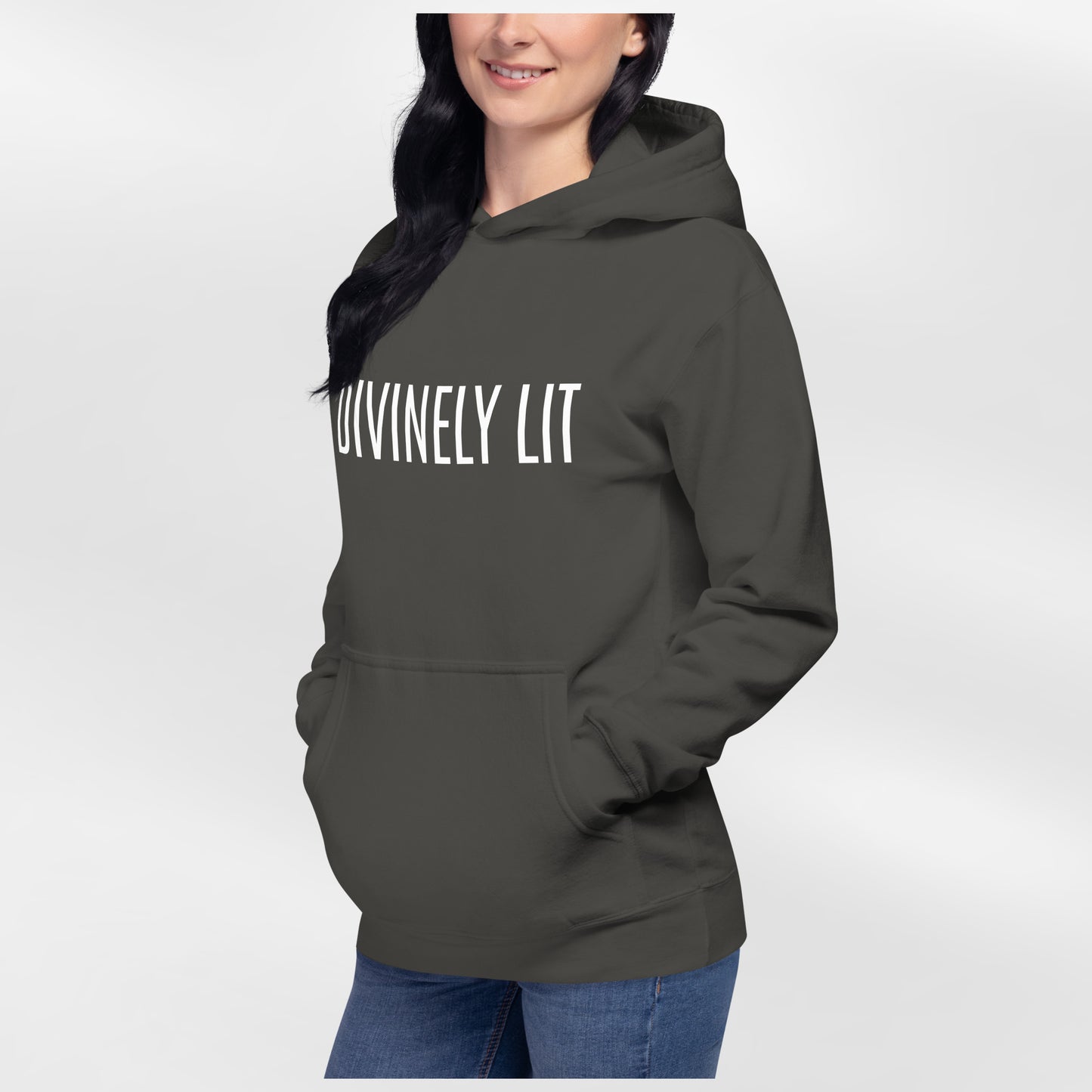 Vintage Black hoodie with 'DIVINELY LIT' text on a white background
