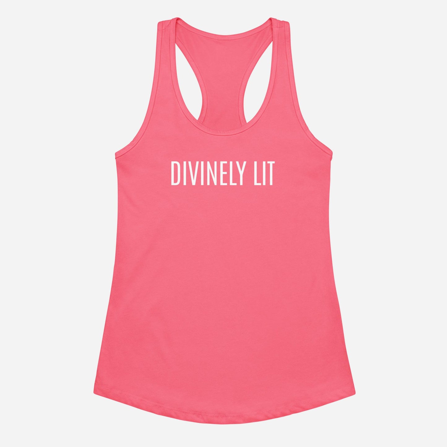 Hot Pink Women's Fitted racerback tank top with 'DIVINELY LIT' text on a white background
