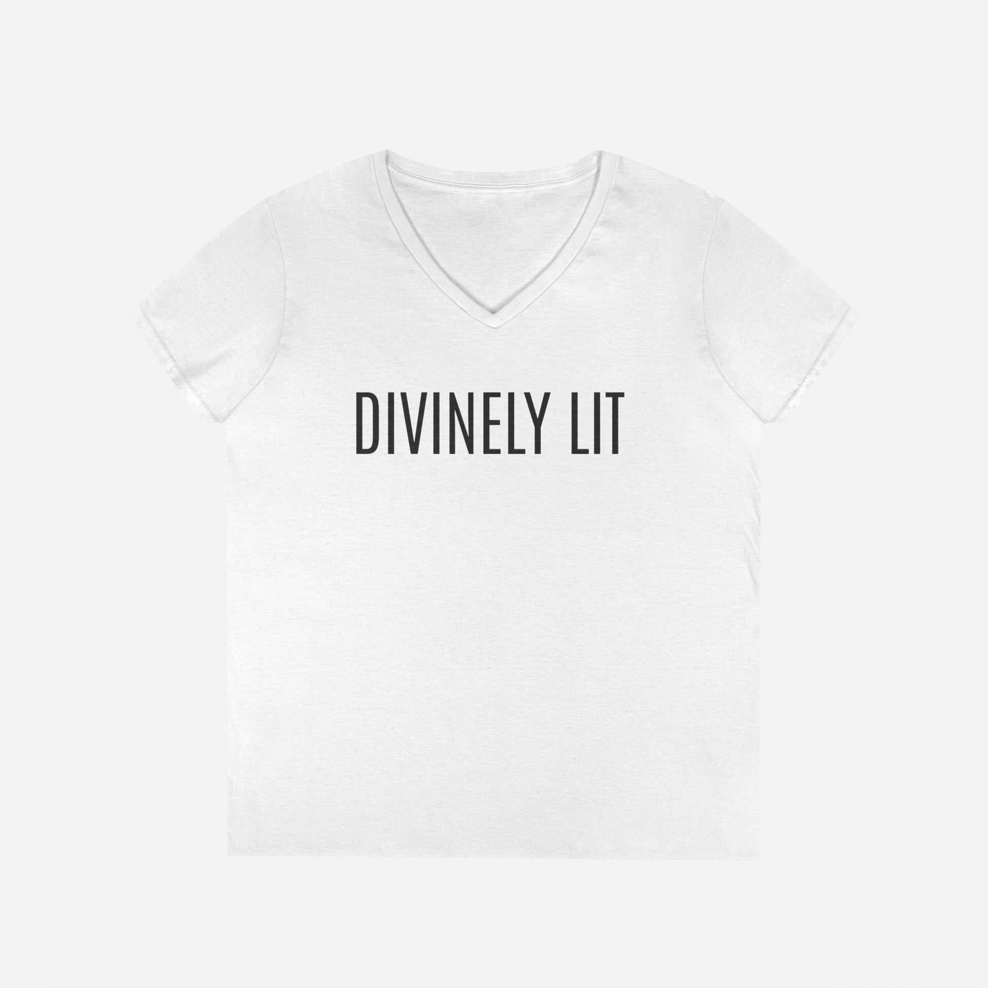 Black V-neck T-shirt with 'DIVINELY LIT' text on a white background