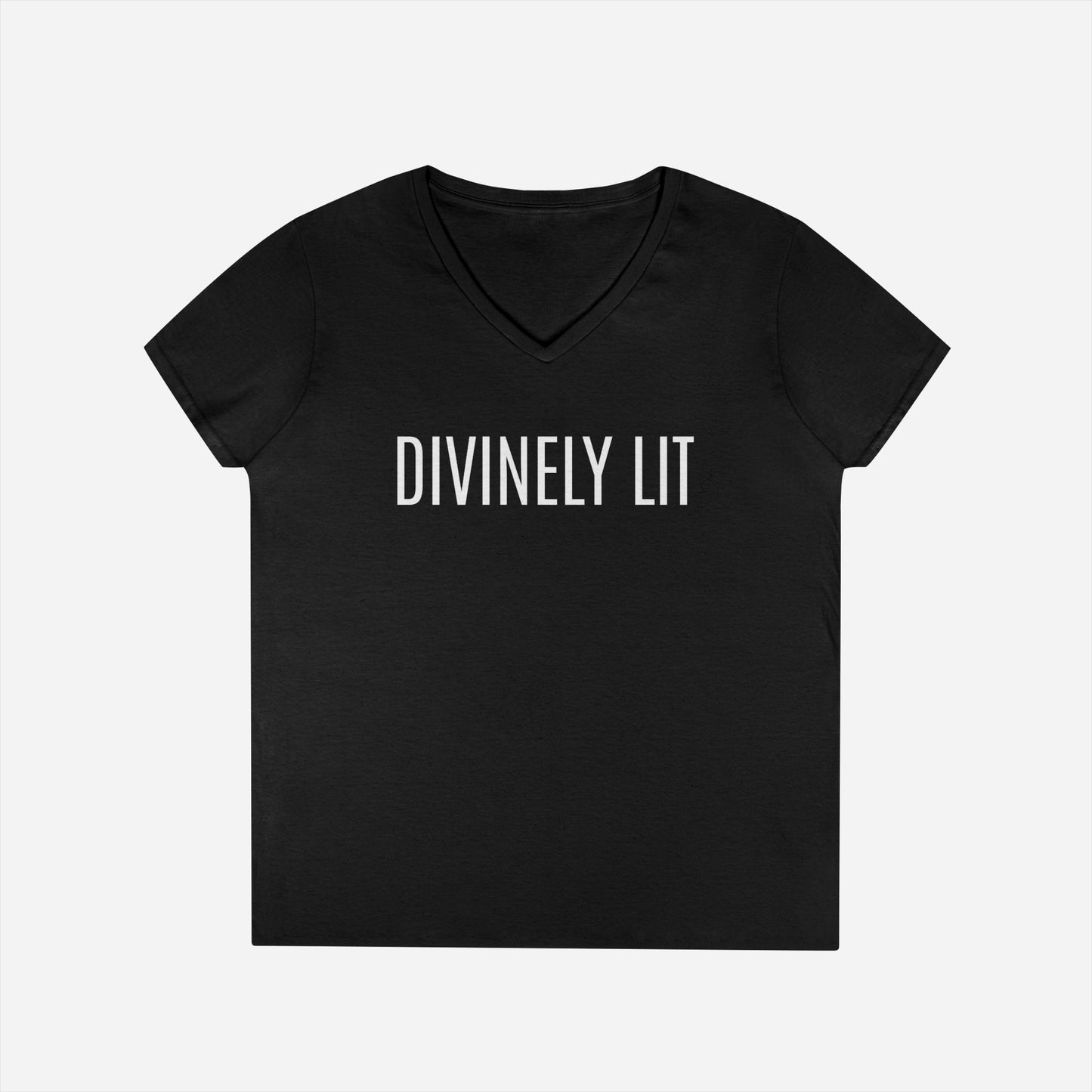 Black V-neck T-shirt with 'DIVINELY LIT' text on a white background