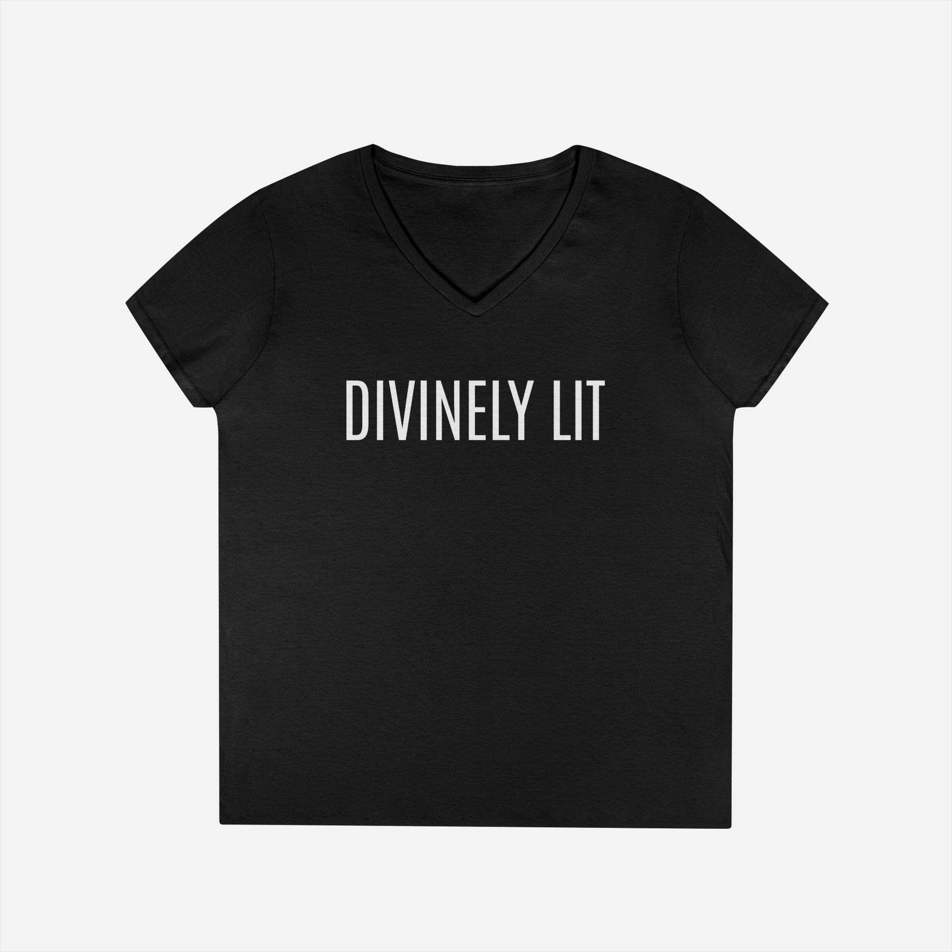 Black V-neck T-shirt with 'DIVINELY LIT' text on a white background