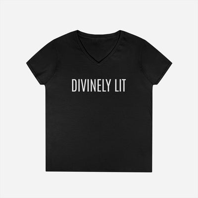 Black V-neck T-shirt with 'DIVINELY LIT' text on a white background
