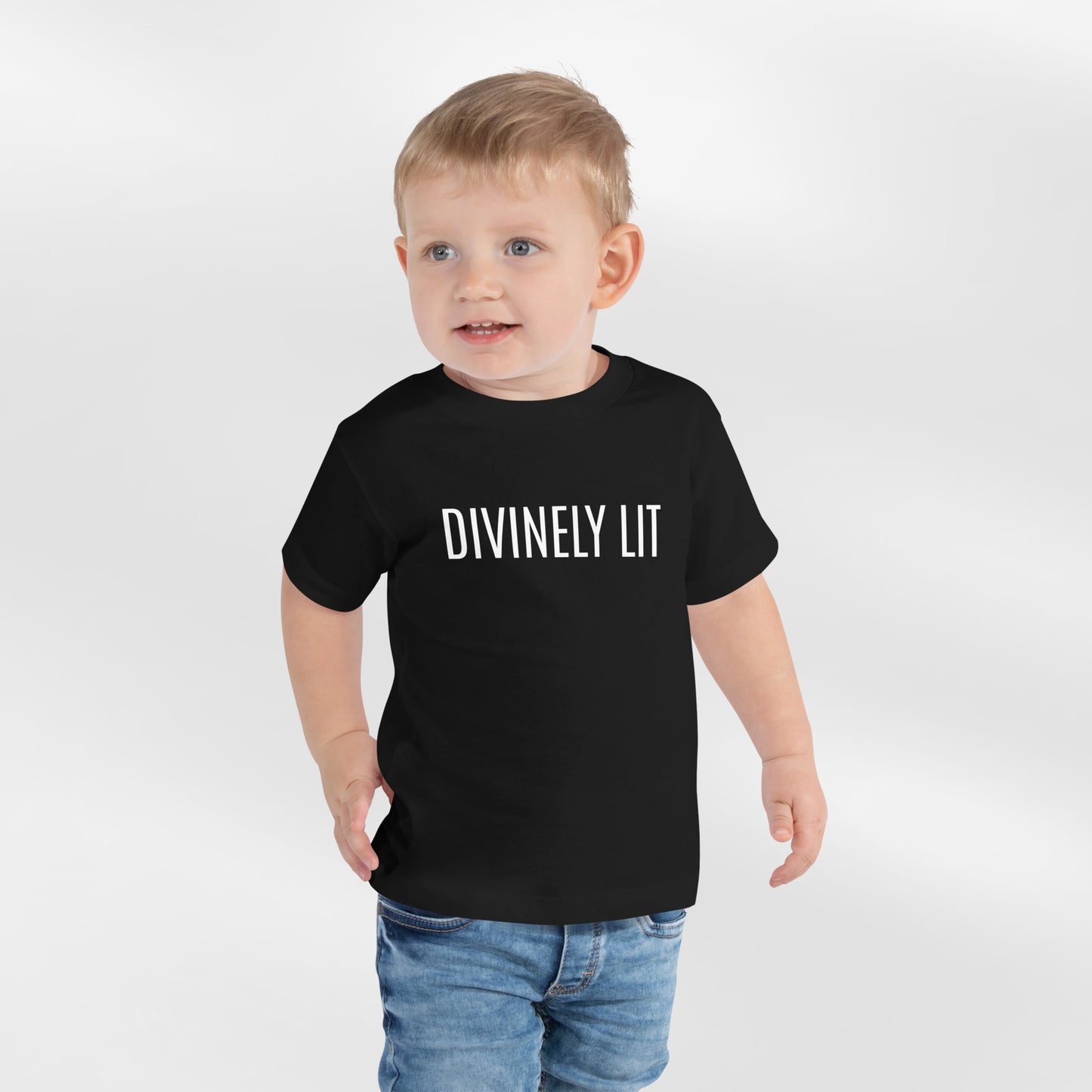 Black Toddler T-shirt with 'DIVINELY LIT' text on a white background