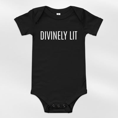 Black baby onesie with 'DIVINELY LIT' text on a white background