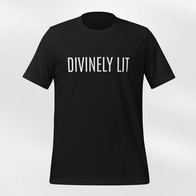 Black t-shirt with 'DIVINELY LIT' text on a white background
