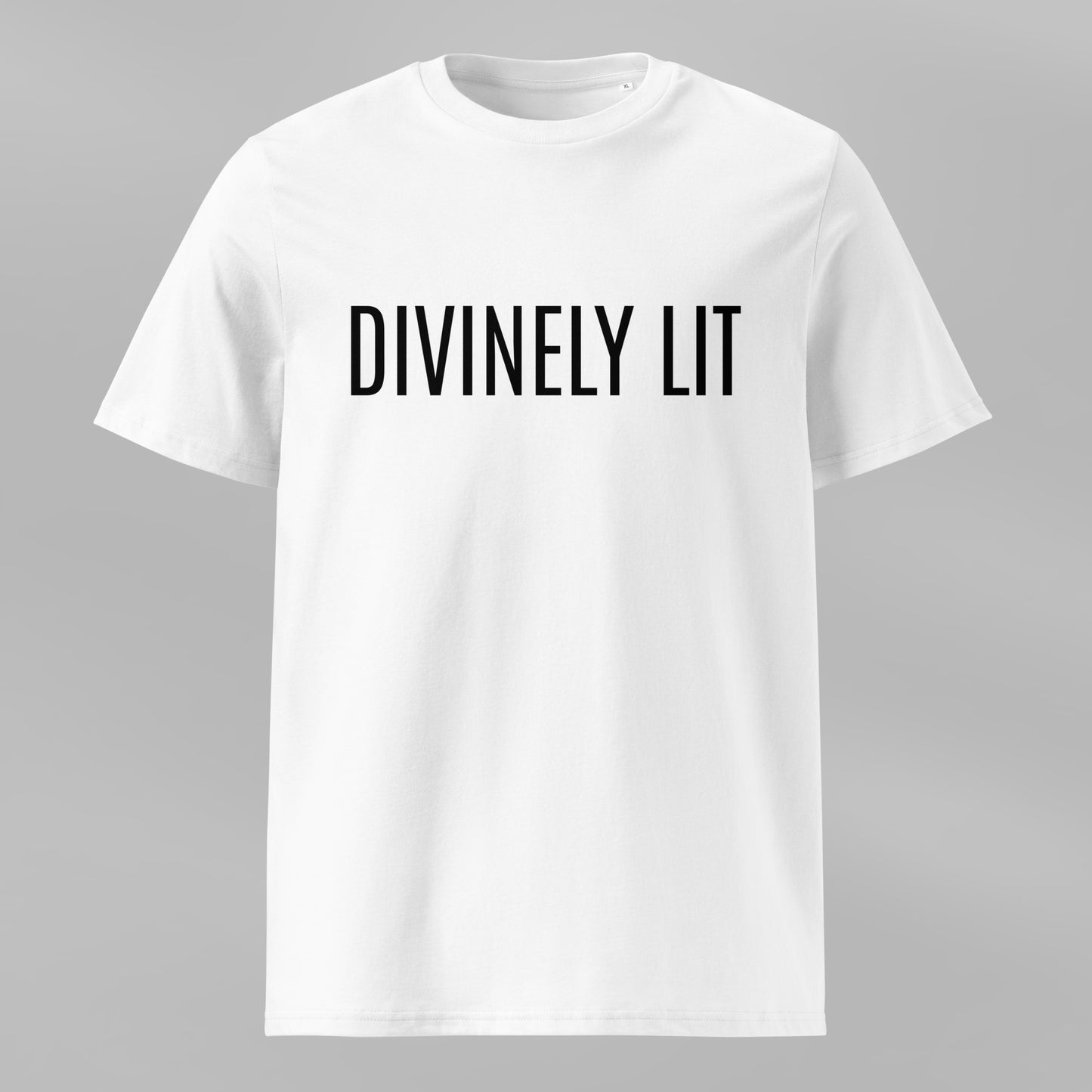 White t-shirt with 'DIVINELY LIT' text on a gray background