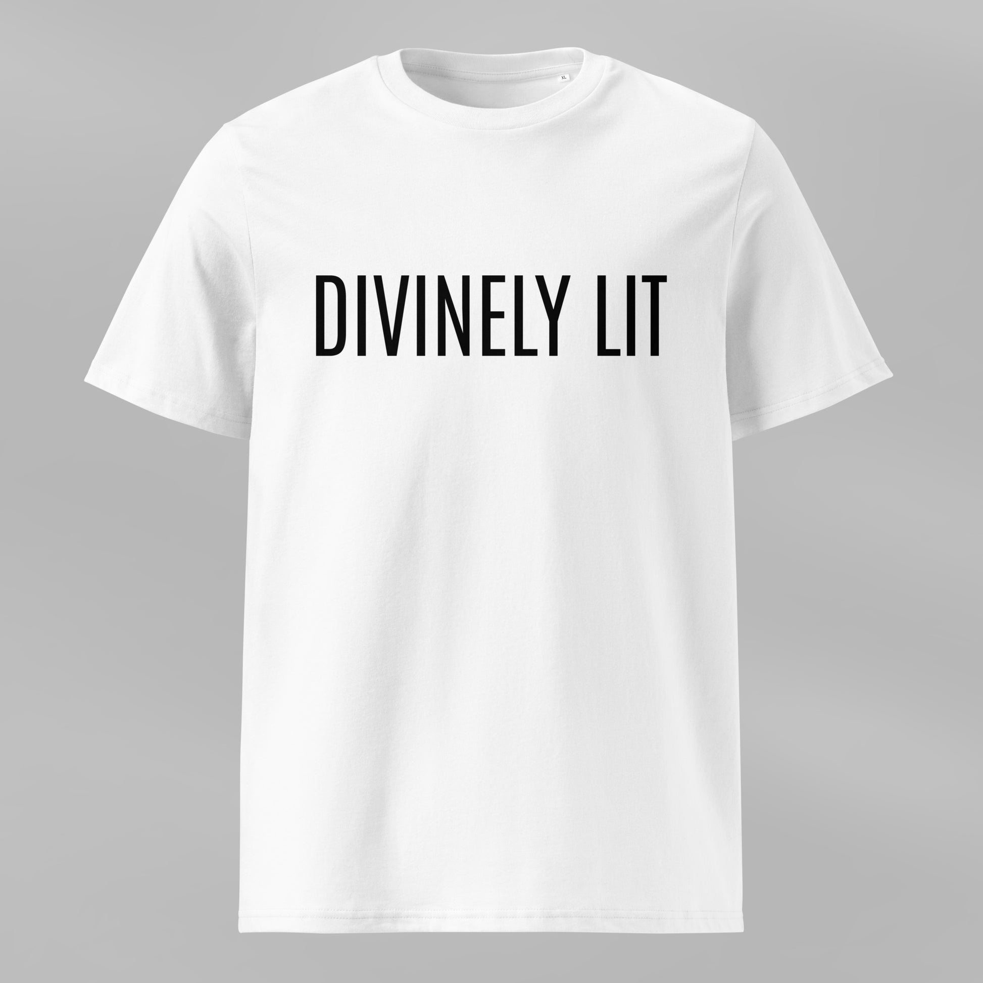 White t-shirt with 'DIVINELY LIT' text on a gray background