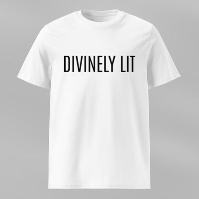 White t-shirt with 'DIVINELY LIT' text on a gray background