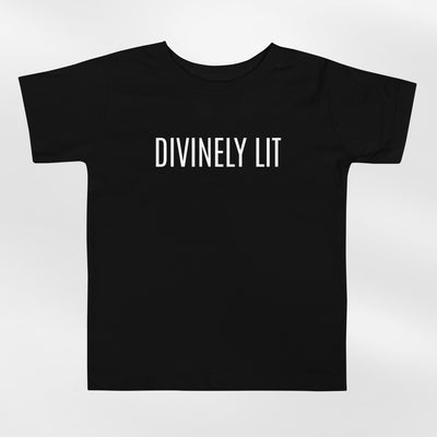 Black Toddler T-shirt with 'DIVINELY LIT' text on a white background