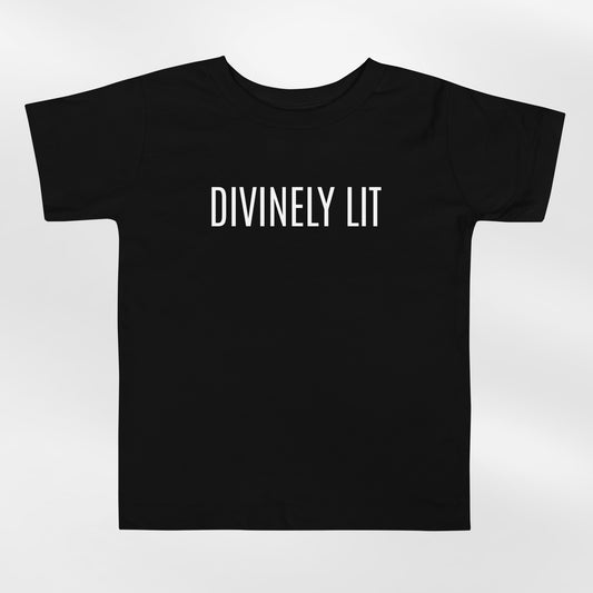 Black Toddler T-shirt with 'DIVINELY LIT' text on a white background
