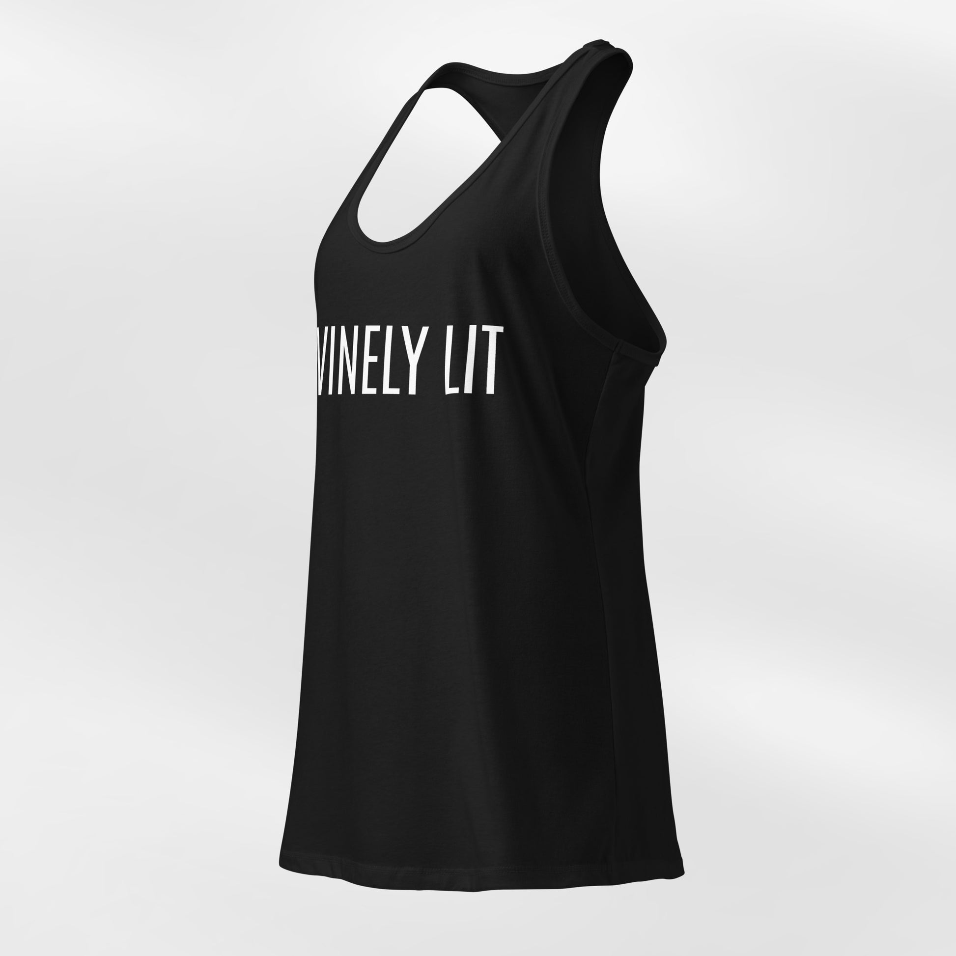 Black Women's Fitted raceback tank top with 'DIVINELY LIT' text on a white background