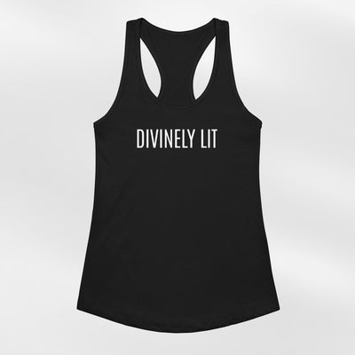 Black racerback tank top with 'DIVINELY LIT' text on a white background