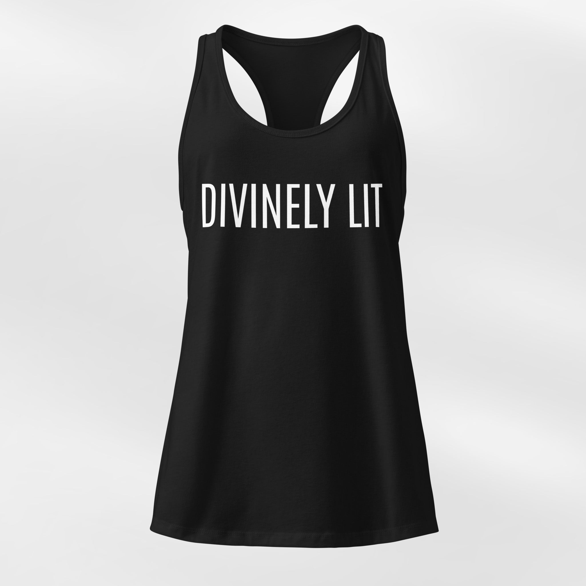 Black Women's Fitted raceback tank top with 'DIVINELY LIT' text on a white background