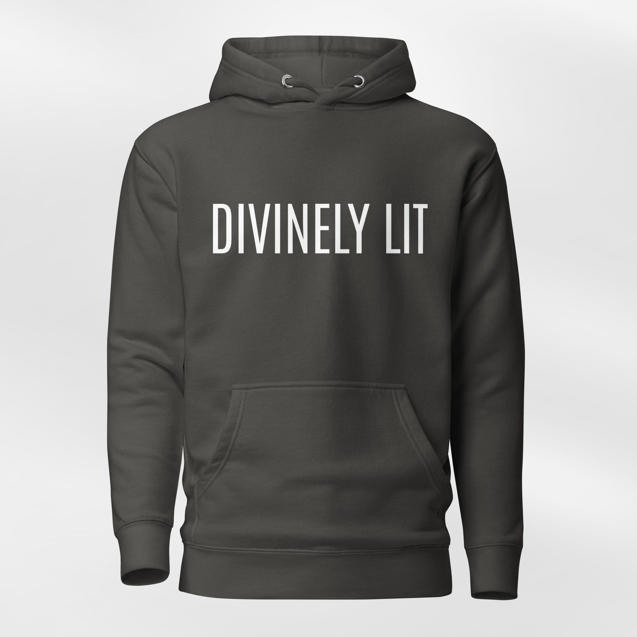 Vintage Black hoodie with 'DIVINELY LIT' text on a white background