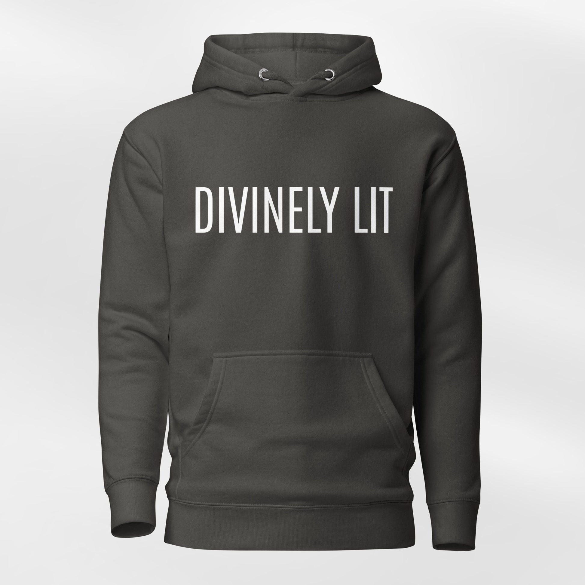 Vintage Black hoodie with 'DIVINELY LIT' text on a white background