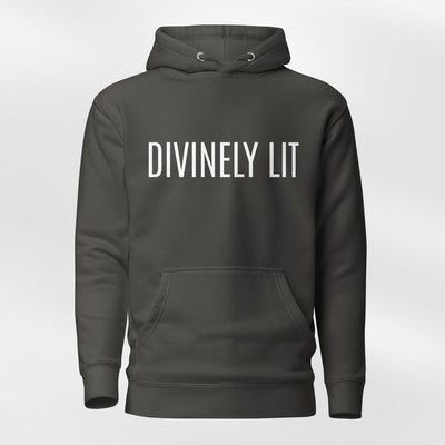 Vintage Black hoodie with 'DIVINELY LIT' text on a white background
