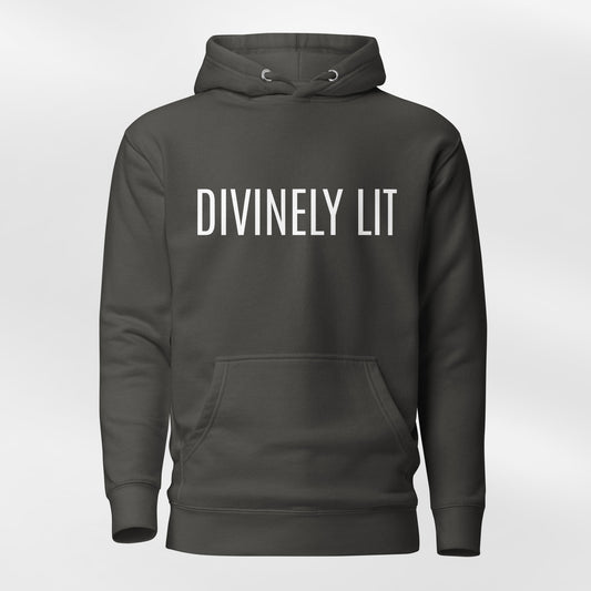 Vintage Black hoodie with 'DIVINELY LIT' text on a white background