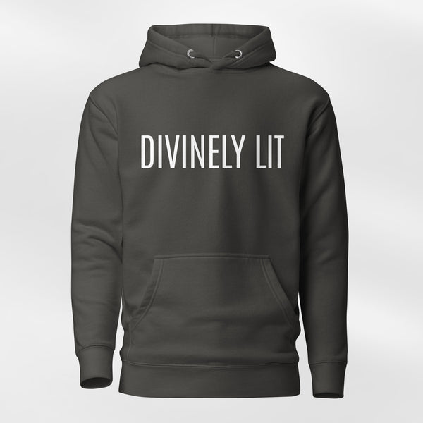 Vintage Black hoodie with 'DIVINELY LIT' text on a white background