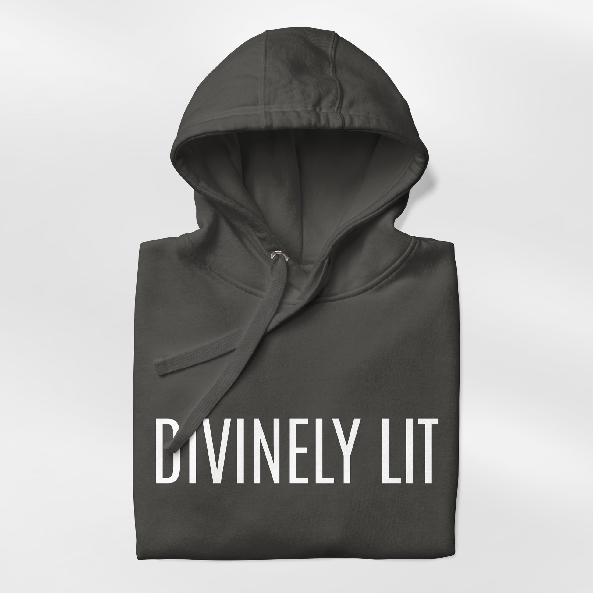 Vintage Black hoodie with 'DIVINELY LIT' text on a white background