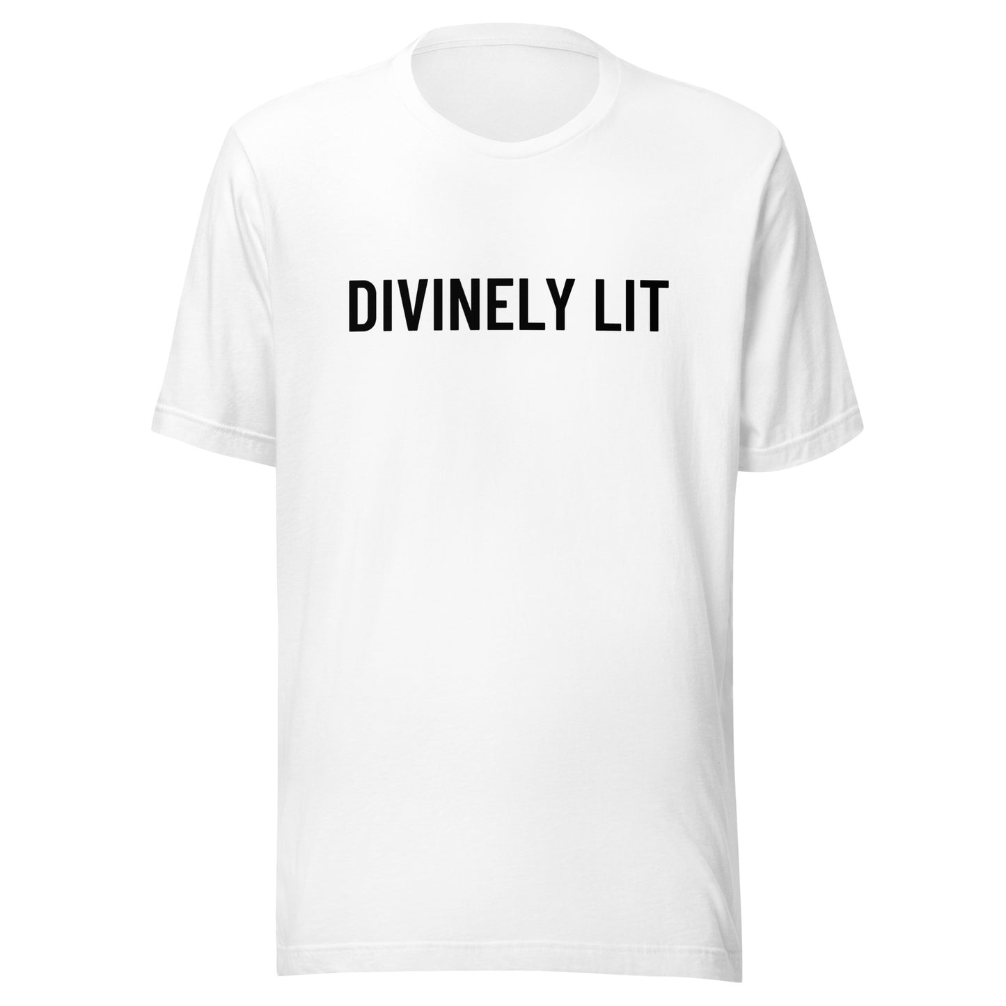 White t-shirt with 'DIVINELY LIT' text on a white background