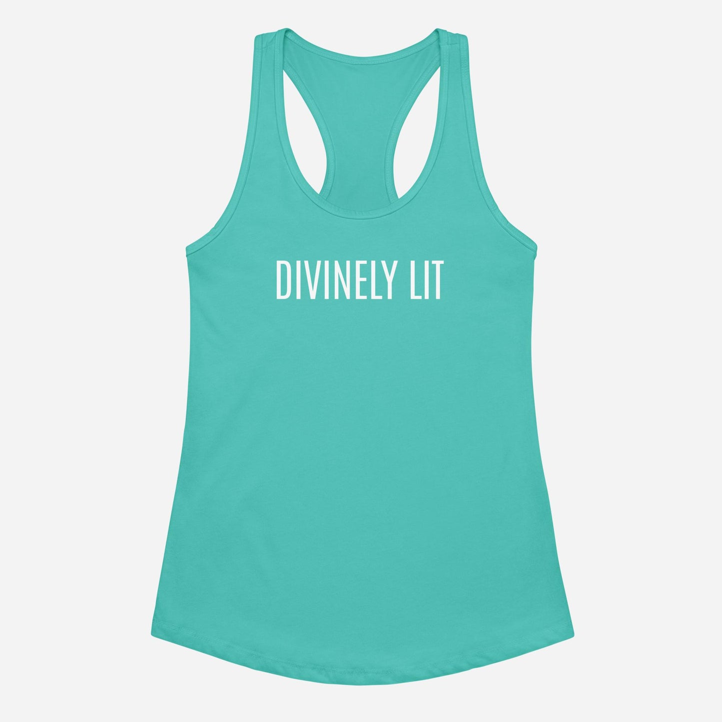 Tahiti Blue Women's Fitted raceback tank top with 'DIVINELY LIT' text on a white background